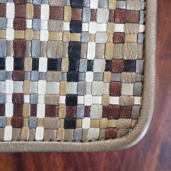 Vintage GANSON Woven Neutral Leather Crossbody Black Taupe Mustard Gray Cream - Picture 4 of 11